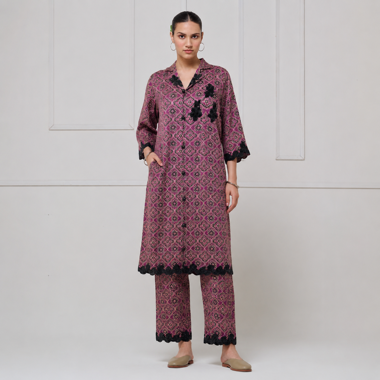 Women's Maroon Printed Button-Down long shirt with Black Lace Embellishment